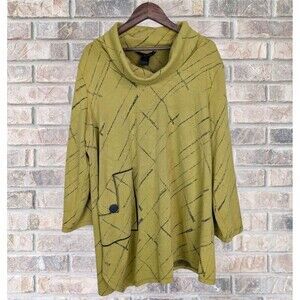 Ali Miles Tunic Top XL Yellow Green Cowl Neck Artsy Art to Wear Pocket Lagenlook